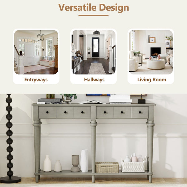 English Elm Trexm Vintage Console Table Four Drawers Pine Veneer Grey Wash Entryway Storage N715P202860E