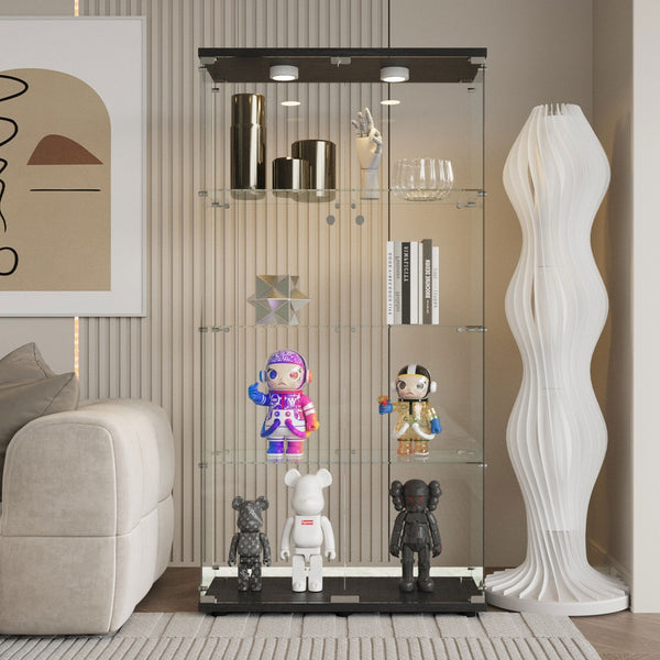 English Elm Tempered Glass Display Cabinet With Multi-Color Led Lights, Lockable Storage, & Adjustable Feet W3155S00001-GIGA