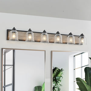 English Elm 49" Farmhouse Vanity Light Fixture - 6-Light Industrial Bathroom Sconce with Clear Seeded Glass Shades, Black Wood Finish W2312P374829