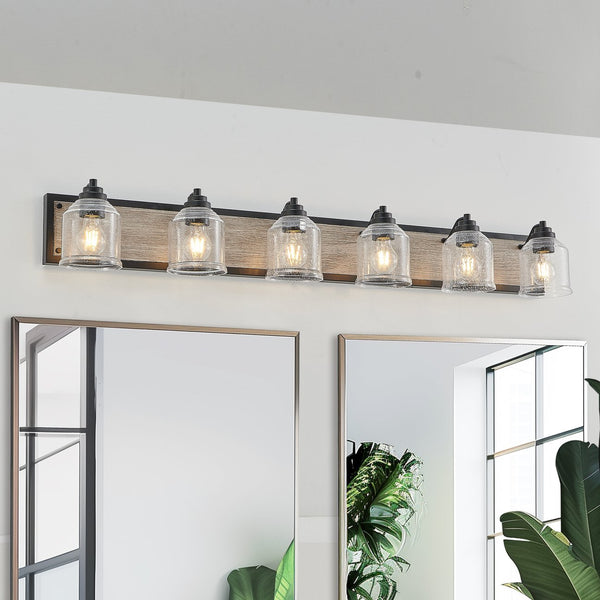English Elm 49" Farmhouse Vanity Light Fixture - 6-Light Industrial Bathroom Sconce with Clear Seeded Glass Shades, Black Wood Finish W2312P374829