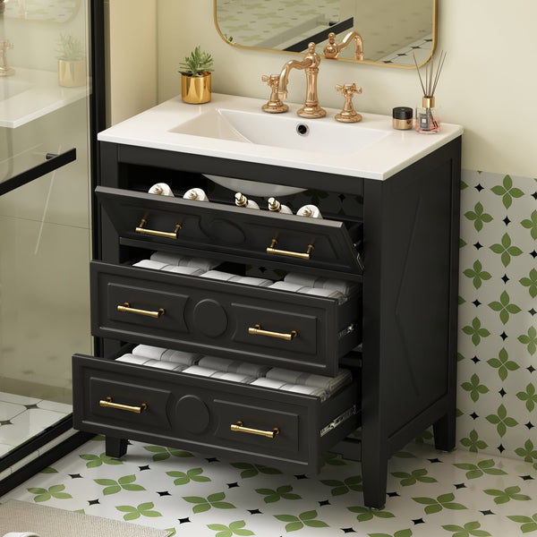 English Elm 30'' Bathroom Vanity with Ceramic Sink, Solid Wood Frame Retro Style Vanity with 3 Drawers & Gold Handles Black N710P246209B