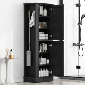 English Elm Tall Bathroom Storage Cabinet - Freestanding With Adjustable Shelves, Hooks & Modern Black Design N725P241834B-GIGA