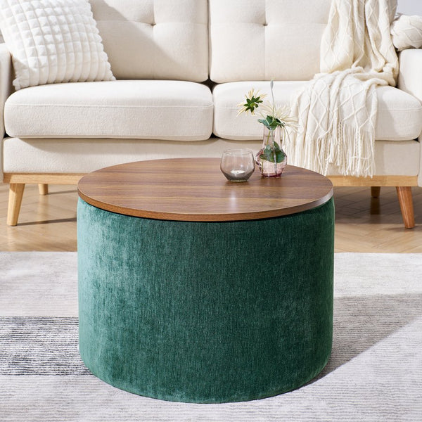 English Elm 2-Piece Round Chenille Storage Ottoman Set with Hidden Compartment and Sturdy MDF Top for Home Decor Dark Green W487P179603