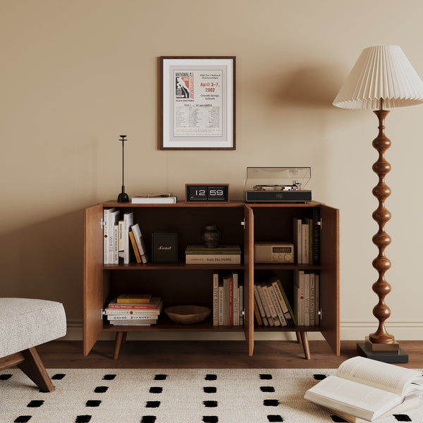 English Elm Entryway Walnut Rattan Storage Console Cabinet with Adjustable Shelves Mid-Century Buffet Sideboard W2263P207528