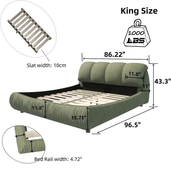 English Elm King Size Luxury Upholstered Platform Bed With Oversized Backrest, Solid Wood Frame & Stylish Green W1885S00027