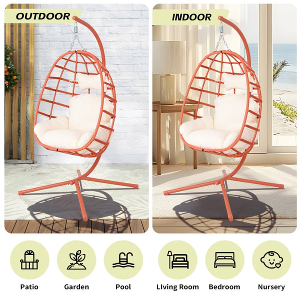 English Elm Egg Hanging Chair with Stand Pe Rattan Swing Seat Washable Cushion Patio Bedroom T5880P497444