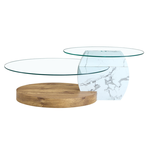 English Elm Contemporary White Marble & Wood Grain Double-Layer Coffee Table with Tempered Glass Top, Stylish Centerpiece W1512P386948