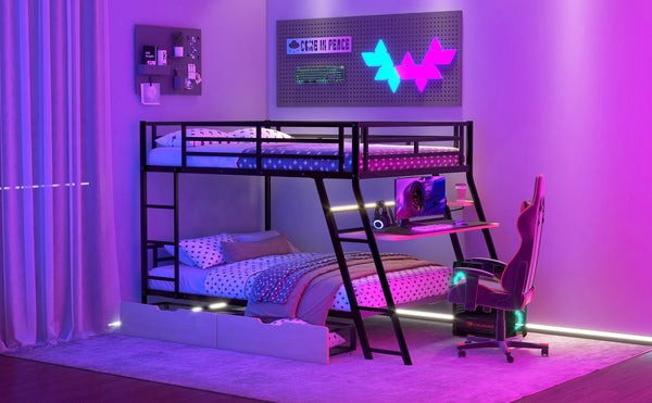 English Elm Full Full Size Metal Bunk Bed with Built-in Desk, Light, 2 Drawers, Shelves, Sturdy Space-Saver Black GX001517AAB