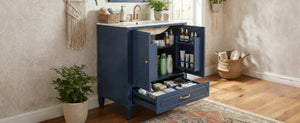 English Elm [video] 30 Inch Bathroom Vanity Acacia Wood Vintage Style Ceramic Sink Soft Close Storage N759P313313C