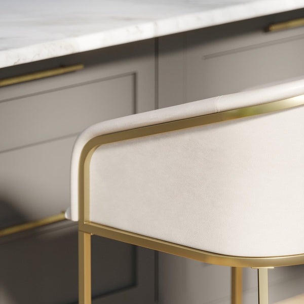 English Elm 26" Glam Counter Stool White Faux Leather Barrel Back Gold Steel Frame Kitchen White Pu B2751P436480