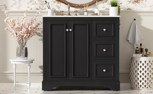 English Elm 36'' Transitional Bathroom Vanity with Ceramic Sink, Solid Wood Frame, Adjustable U-Shelf & Soft-Close Doors Black N729P292966B