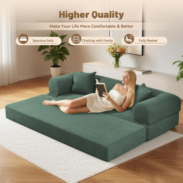 English Elm Convertible Corduroy Sleeper Sofa Queen Fold Out Bed with Dual Storage Pockets Light Green W3396P483185