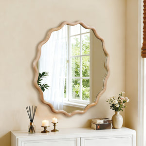 English Elm Natural Wood 36in Wavy Round Solid Wood Frame Mirror – Rustic Tempered Glass Vanity Decor, Entryway W2203P389080
