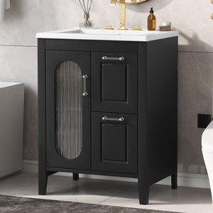 English Elm 24" Modern Bathroom Vanity with Ceramic Sink, Solid Wood & MDF Cabinet, Two Drawers, Shelf Black N725P245273B