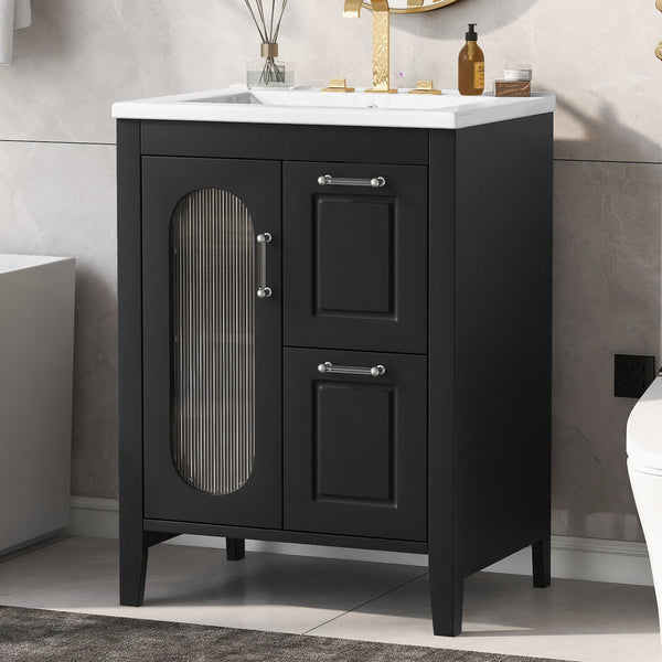 English Elm 24" Modern Bathroom Vanity with Ceramic Sink, Solid Wood & MDF Cabinet, Two Drawers, Shelf Black N725P245273B