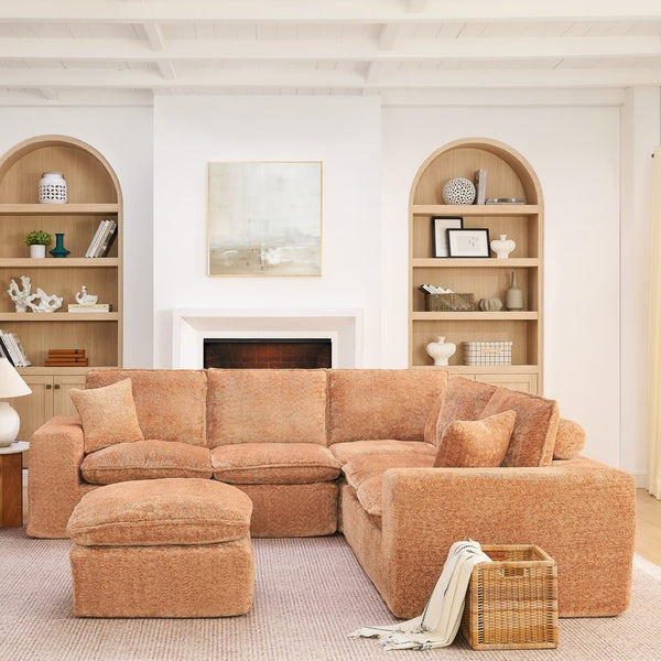 English Elm 107'' Boucle Modular Sectional Sofa Deep Cloud Cushions Reversible Chaise Living Room Orange W1413S00170