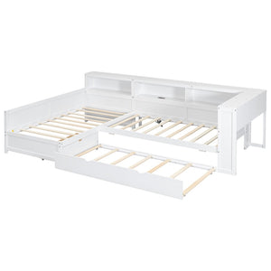 English Elm Wood Twin L-shaped Platform Bed Trundle Shelves Charging Station Kids Room White N7090001045K-1