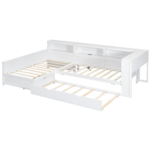 English Elm Wood Twin L-shaped Platform Bed Trundle Shelves Charging Station Kids Room White N7090001045K-1