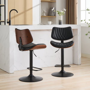 English Elm Walnut Mid-Century Bentwood Swivel Bar Stool — Ergonomic Faux Leather Seat, Wide Stable Base Black PU W1143P173514