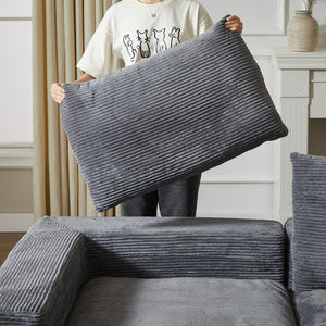 English Elm 99-Inch L-Shaped Corduroy Sectional Sofa With Chaise, Neck Pillows, And No Assembly Needed, Grey W834S00491