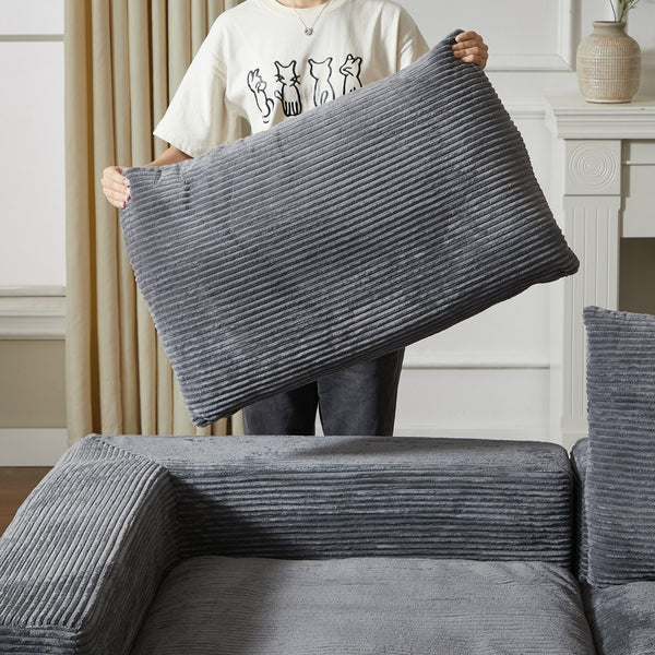 English Elm 99-Inch L-Shaped Corduroy Sectional Sofa With Chaise, Neck Pillows, And No Assembly Needed, Grey W834S00491