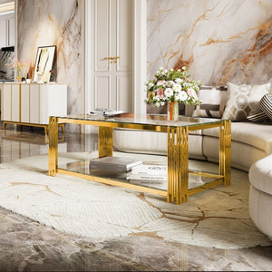 English Elm Modern Glam Rectangular Coffee Table with Mirrored Top Gold Sculptural Frame Open Shelf Transparent N735P380099K