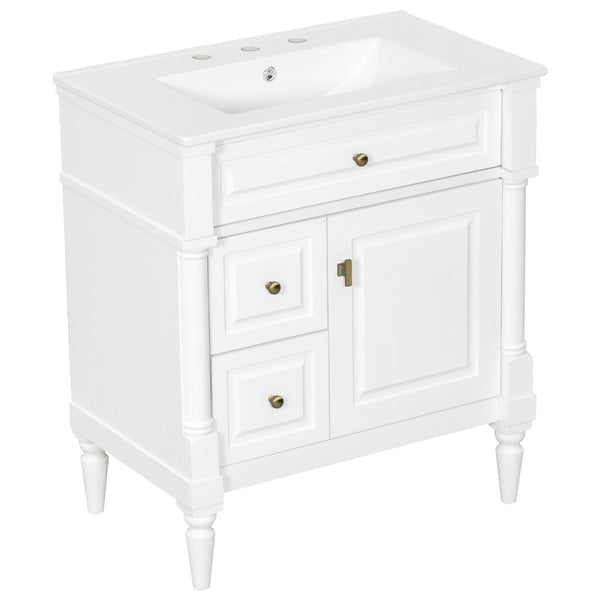 English Elm 30" Freestanding Bathroom Vanity Rubberwood Frame Ceramic Sink Flip Drawer Storage White N725P356062K