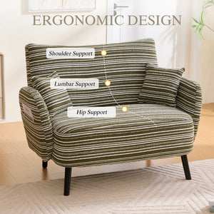 English Elm Modern tufted two-seater sofa with boucle upholstery, tapered legs, storage pockets, cozy compact design Olive Green W395P376589