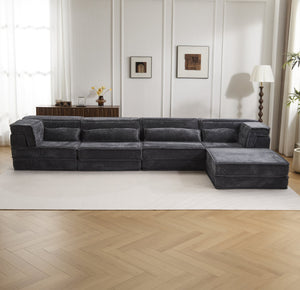 English Elm Compression Mahjong Sofa - Oversized Modular Floor Bed With Ottoman, No Assembly, Soft Fleece Fabric W3723S00037