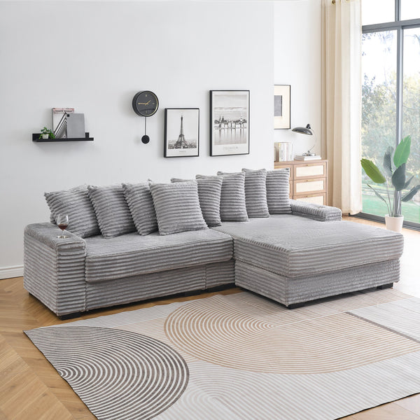 English Elm 111.4-inch corduroy L-shaped sofa with reversible chaise, armrest cup holders, lockers, sturdy frame Gray W1278S00104