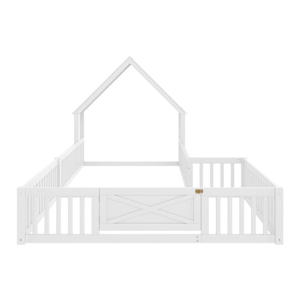 English Elm Full Full Size House Floor Bed with Door & Guardrails, Solid Wood Playful Design for Kids, Safe and Durable White W1580P327130