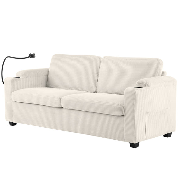 English Elm 72.8" Corduroy Sleeper Sofa Loveseat with Full Mattress, USB Charging, Cup Holders, Storage Pockets Beige N719P208880A