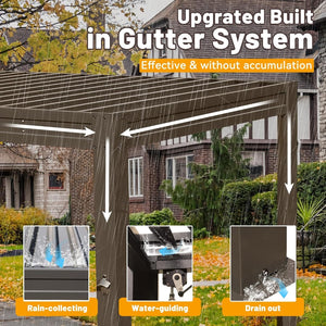 English Elm 8x5 Outdoor Hardtop Louvered Pergola Steel Grill Shelter with Gutter and Adjustable Roof Brown W1859S00177