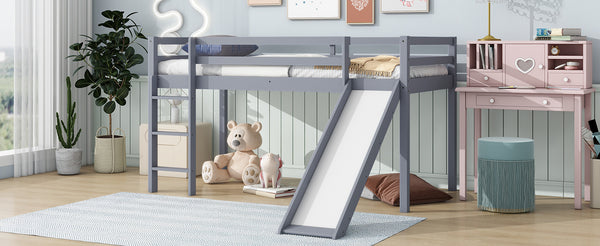 English Elm Twin Low Loft Bed with Slide and Ladder for Kids, Rubberwood Frame, Safety Guardrails & Playspace Grey W504P218522