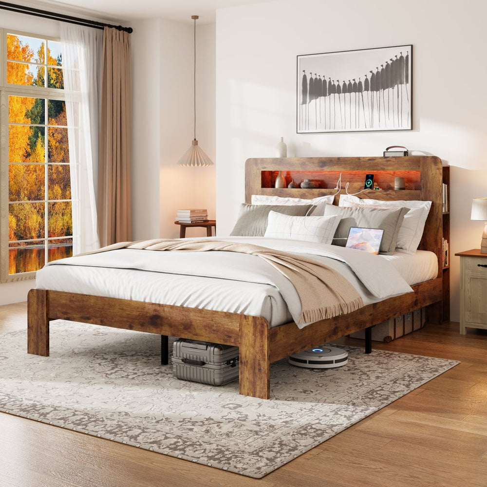 English Elm Bed Frame Queen Size - Stylish Wood Platform With Led Headboard, Usb Charging, And Storage Space W636P318036