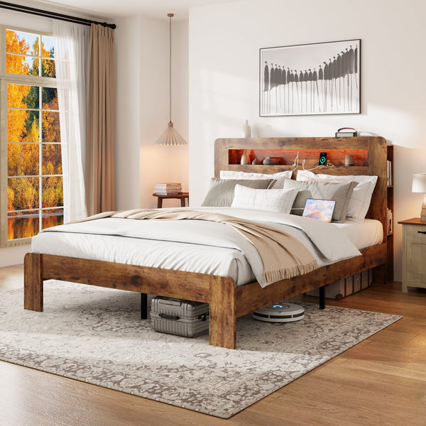 English Elm Bed Frame Queen Size - Stylish Wood Platform With Led Headboard, Usb Charging, And Storage Space W636P318036