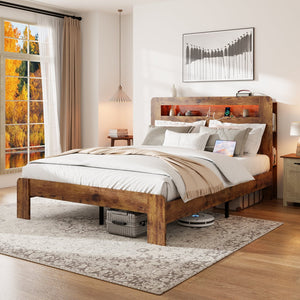 English Elm Bed Frame Queen Size - Stylish Wood Platform With Led Headboard, Usb Ports & Ample Storage, Easy Setup W636P233481
