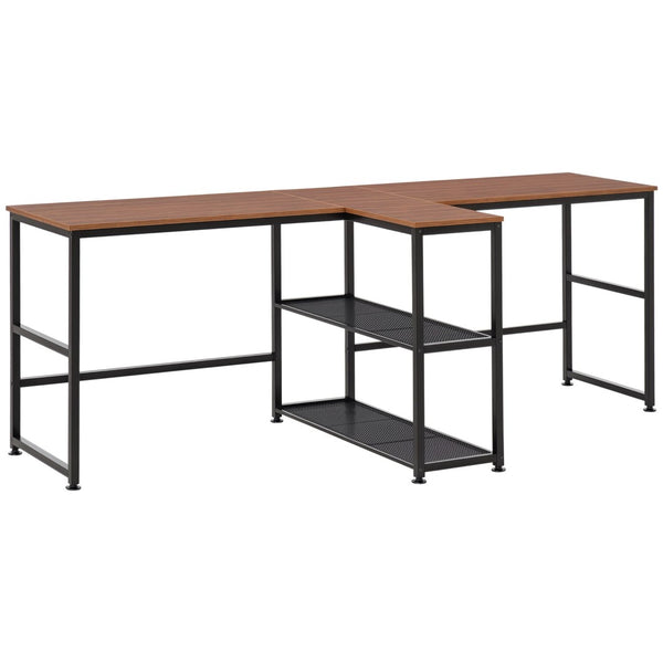 English Elm Desk Two Person Workstation with Vertical Bookshelf and Steel Frame for Home Office T3971P389438