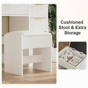English Elm Vanity Desk Set with Led Mirror Charging Station Five Drawers and Cushioned Stool White T3773P416291