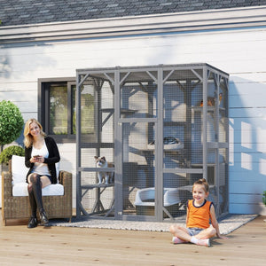 English Elm Outdoor Fir Wood Cat Enclosure Three Tier Six Platform Habitat with Waterproof Roof W1598P390796