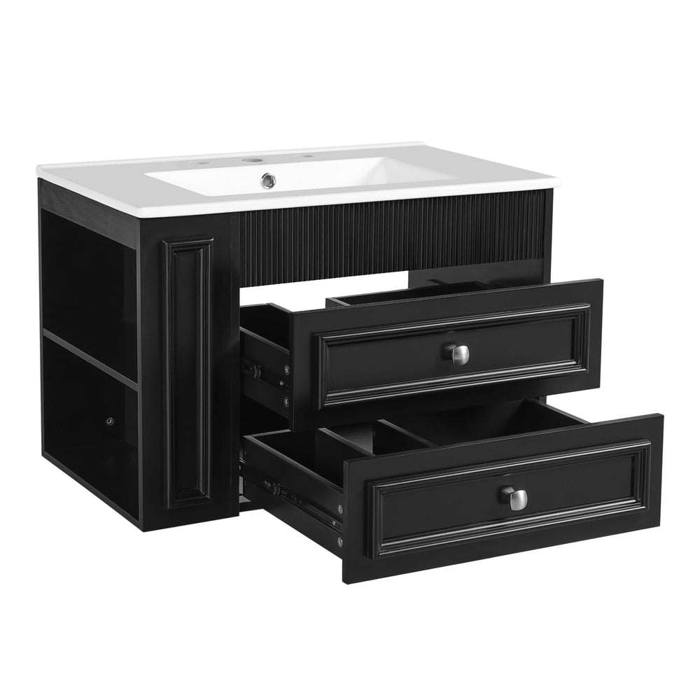 English Elm 30'' Wall Mounted Bathroom Vanity with Ceramic Sink, Floating MDF Cabinet, Soft-Close Drawers & Ample Storage Black N710P334915B