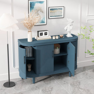 English Elm Modern Curved Sideboard Solid Wood Console Table with 4 Doors, Adjustable Shelves & Zinc Handles for Living Room Storage Scandi Style, Durable 220lb Top Capacity Blue W757P190337