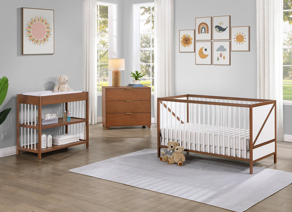 English Elm Pixie Mid-Century 3-in-1 Crib in Walnut/White — Convertible Daybed/Toddler Option, 3 Heights, Solid Wood Finish B022P204877
