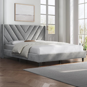English Elm Queen Upholstered Platform Bed Gray Fabric Headboard Wooden Slat No Box Spring W5239P452887