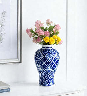 English Elm D7.8x12.8 Diamond-Pattern Valora Vase in Blue & White — Smooth Rounded Silhouette, Flared Rim Accent W2078P391074