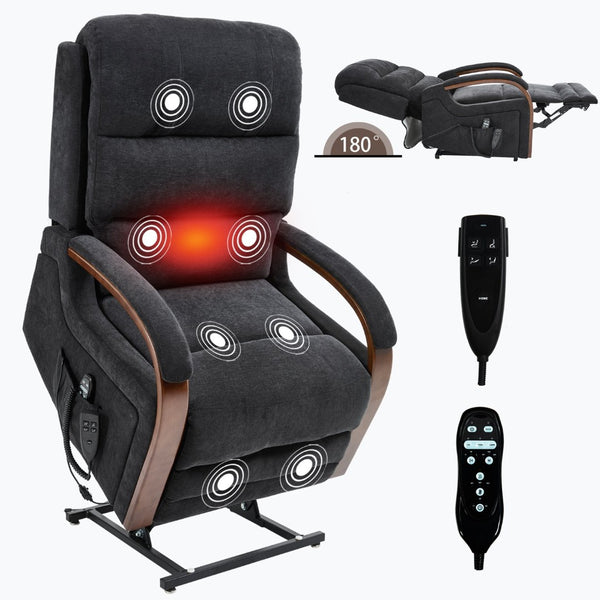 English Elm Power Lift Recliner Chair Chenille Upholstery Dual Motor Heat Massage Solid Wood Arms Black W1803S00076