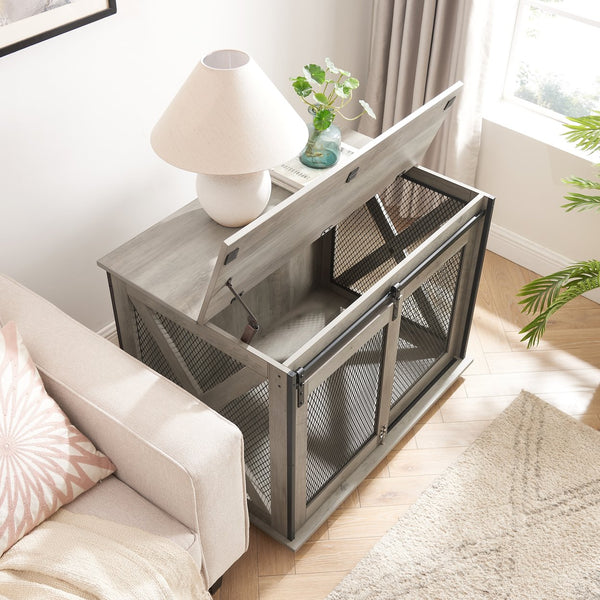 English Elm Farmhouse Dog Cage Crate Furniture with Sliding Barn Door, Secure Metal Latch, Flip-Up Top Access and Removable Divider for Small to Large Dogs (40.94x30.51x6.69) Gray Wash W2275P164727