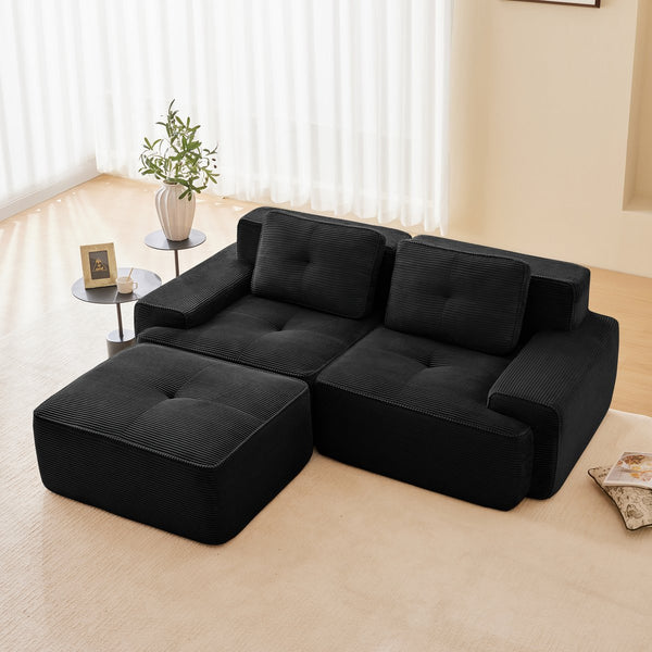 English Elm 82" Modern L-Shaped Modular Sectional Sofa with Plush Corduroy, Deep Ergonomic Seats & Movable Ottoman Black W714S01474
