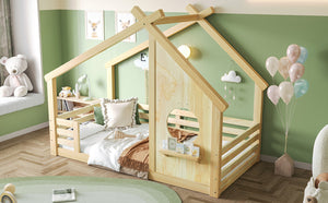 English Elm Twin House Bed Low Profile Pine Wood Frame with Shelf Montessori Kids Floor Sleeping Natural W5305P429643
