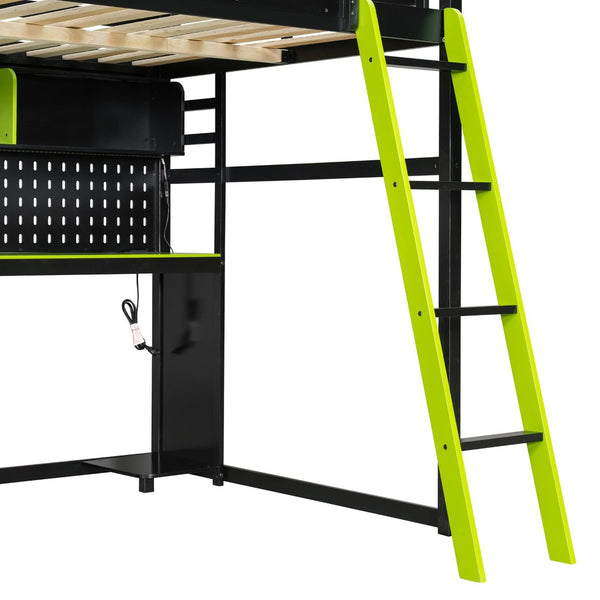 English Elm Full Size Gaming Loft Bed with Built-in Desk Led Lighting Usb Ports and Pegboard Black+Green LT000270AAG